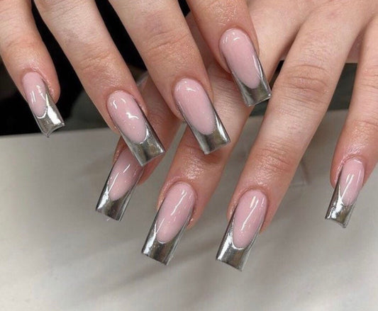 Silver chrome press on nails in shape long square