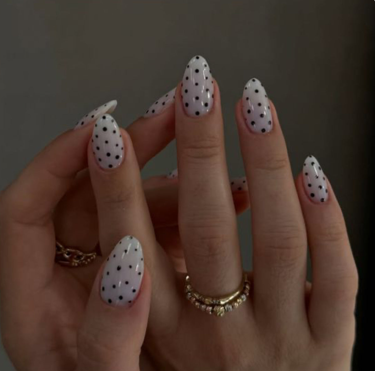 Milky white & black polka dot press on nails almond nails
