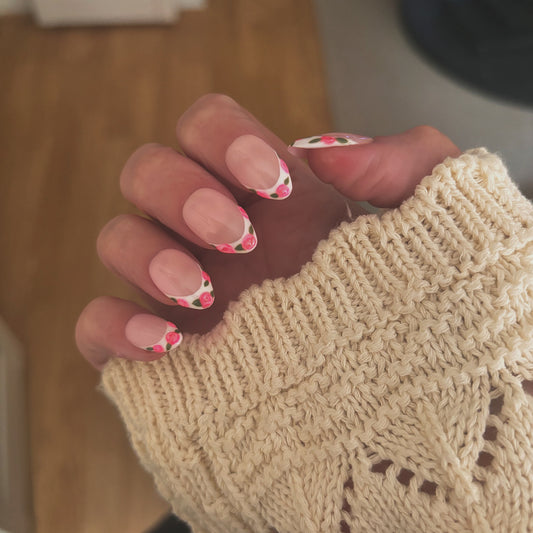 Pink Rose French Tip Floral nails