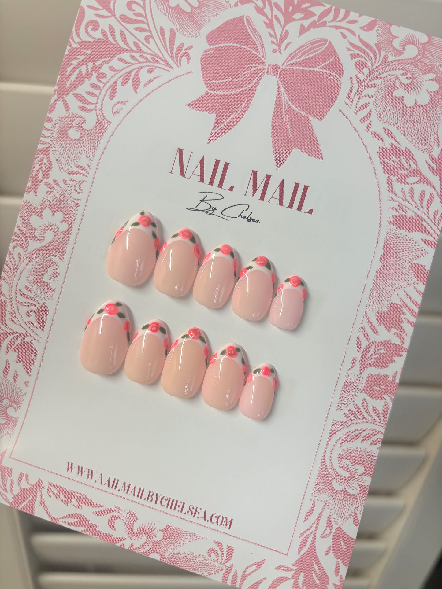 Pink Rose French Tip Floral nails