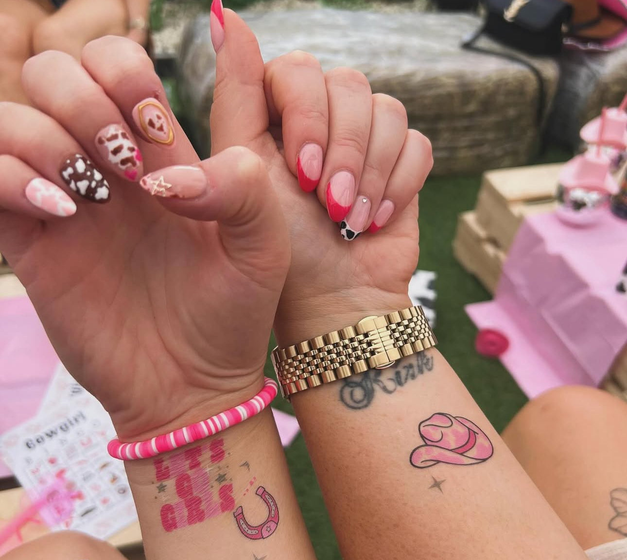 Cow girl press on nails hen do false nails custom made 3d gel chrome almond nails pink nails hand painted