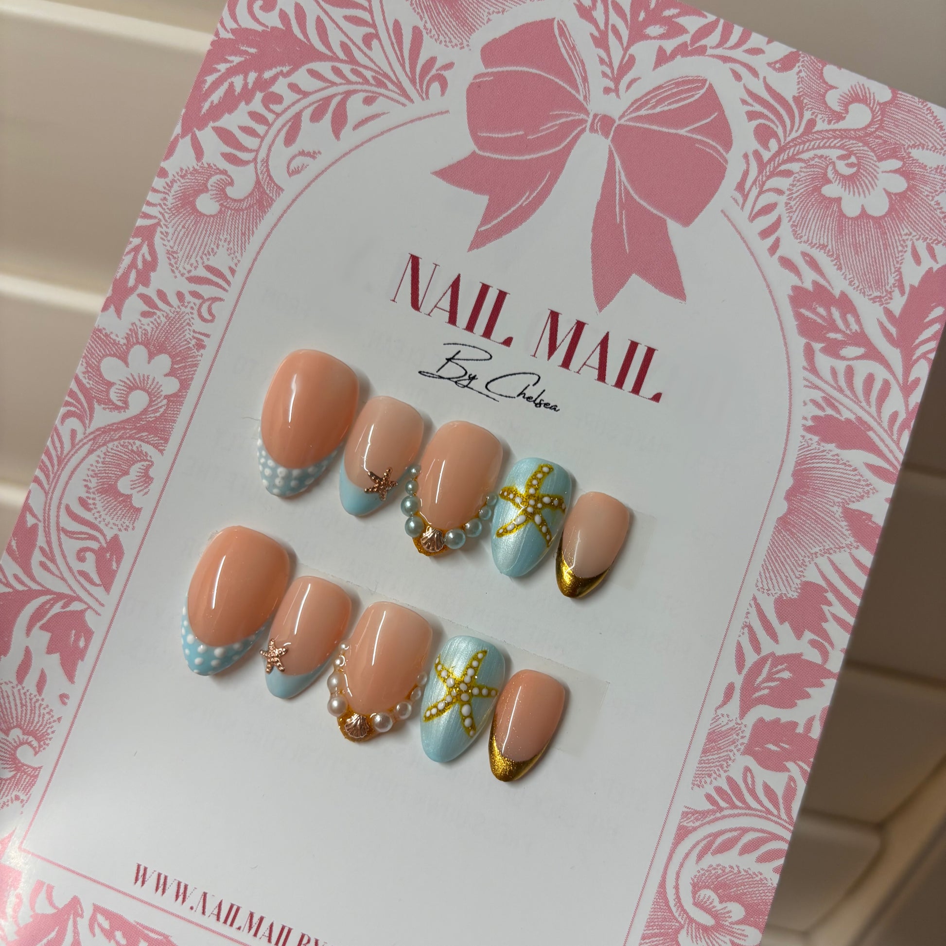 Blue & gold starfish press on nails short almond sparkly