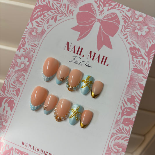 Blue & gold starfish press on nails short almond sparkly