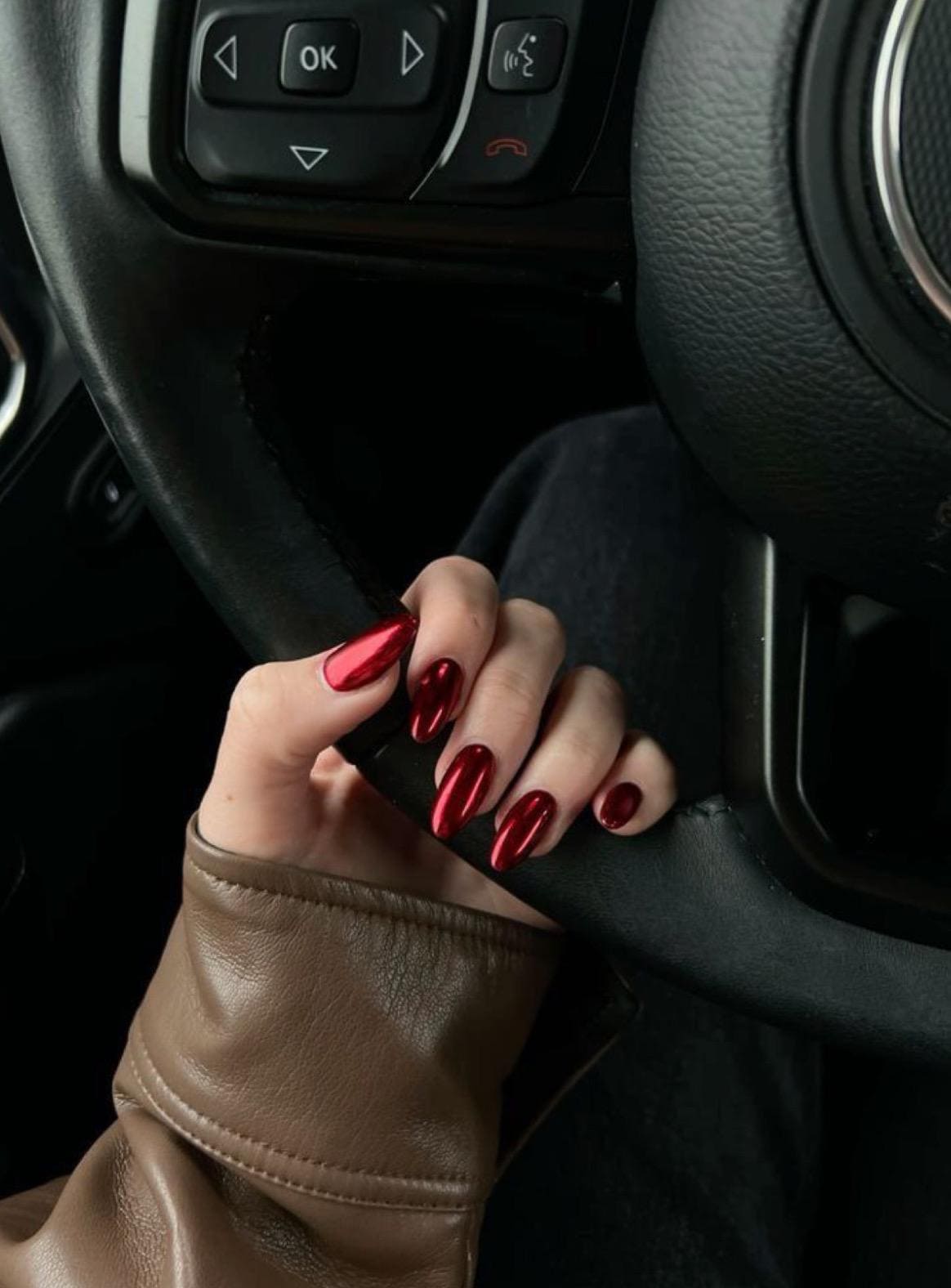 Red chrome press on nails almond