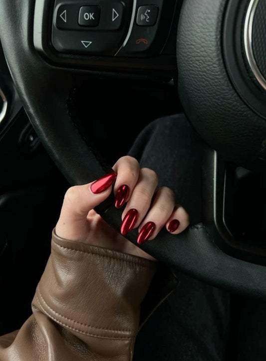 Red chrome press on nails almond