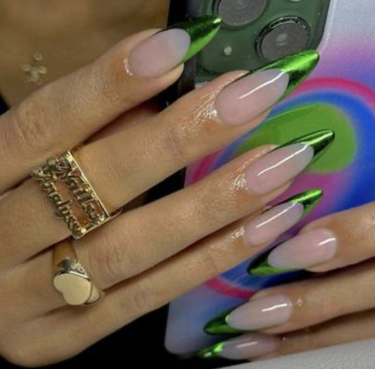 Green Chrome French Tip Nails
