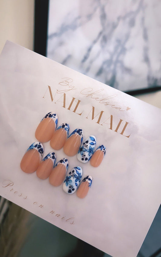 watercolour nails floral nail design in medium almond 