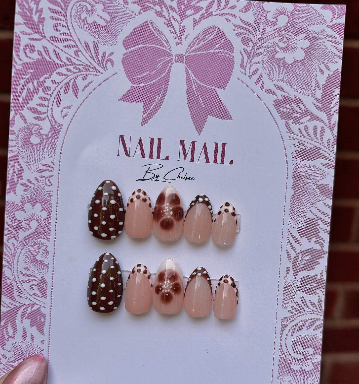 Brown polka dot blooming gel flower press on nails