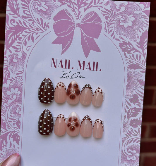 Brown polka dot blooming gel flower press on nails
