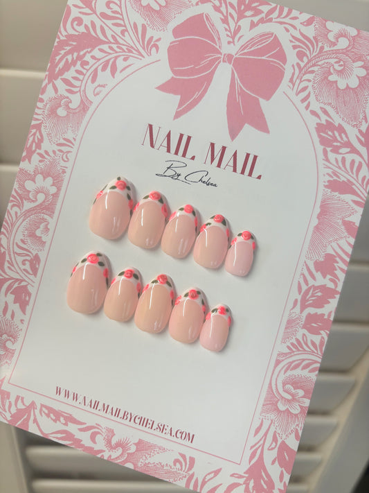 Pink Rose French Tip Floral nails