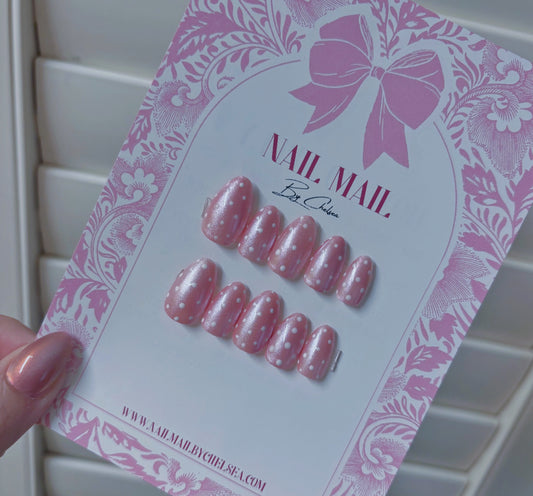 Pink chrome polka dot press on nails